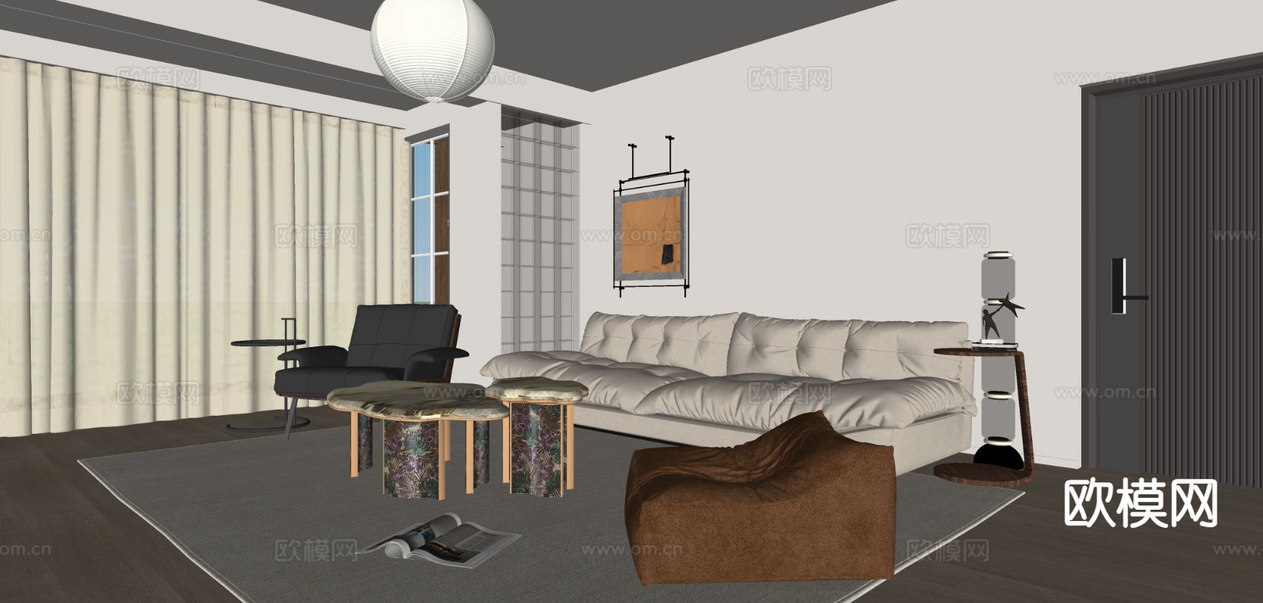 中古风组合沙发su模型下载（渲染图1）