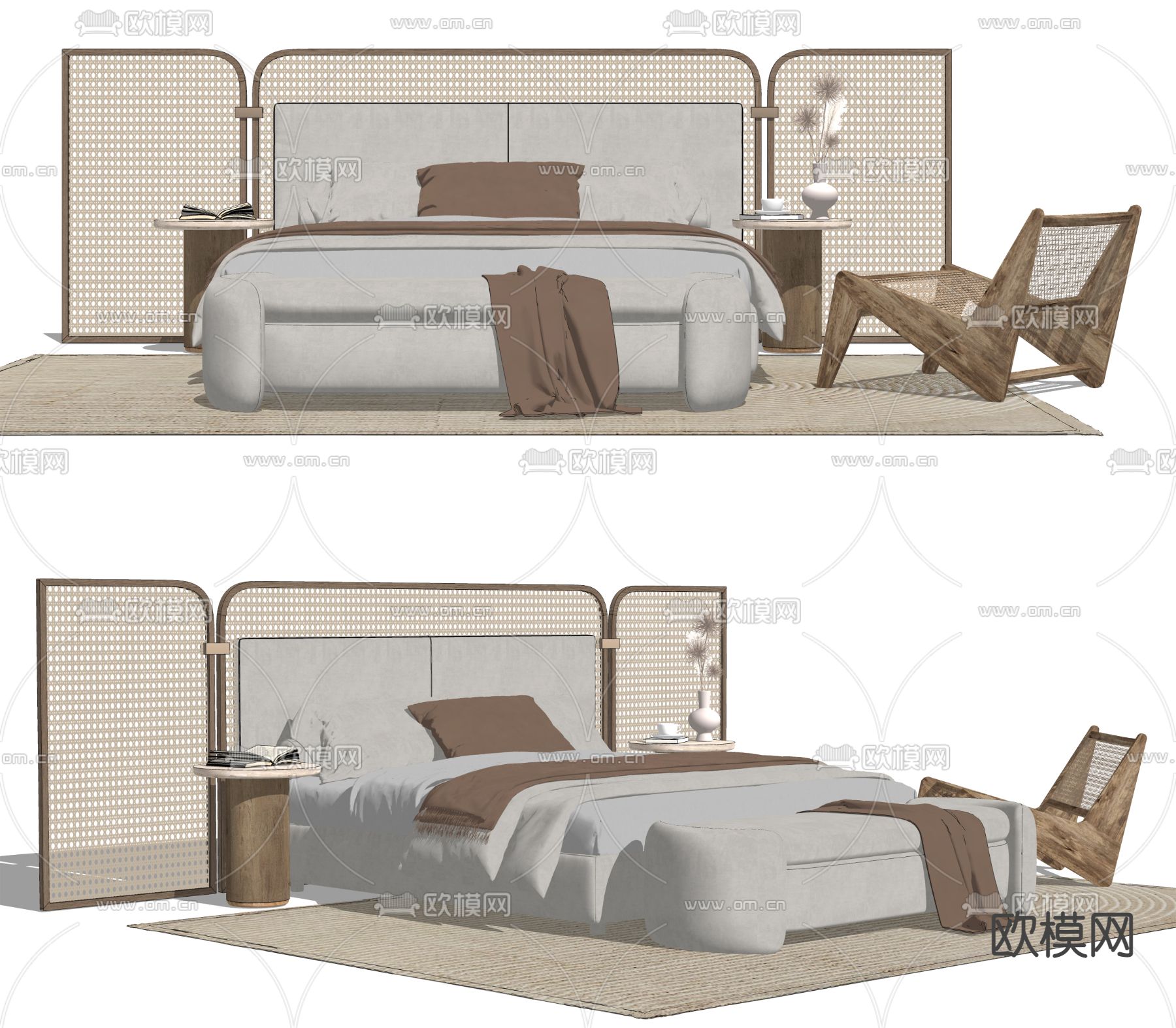 侘寂藤编双人床su模型下载（渲染图2）