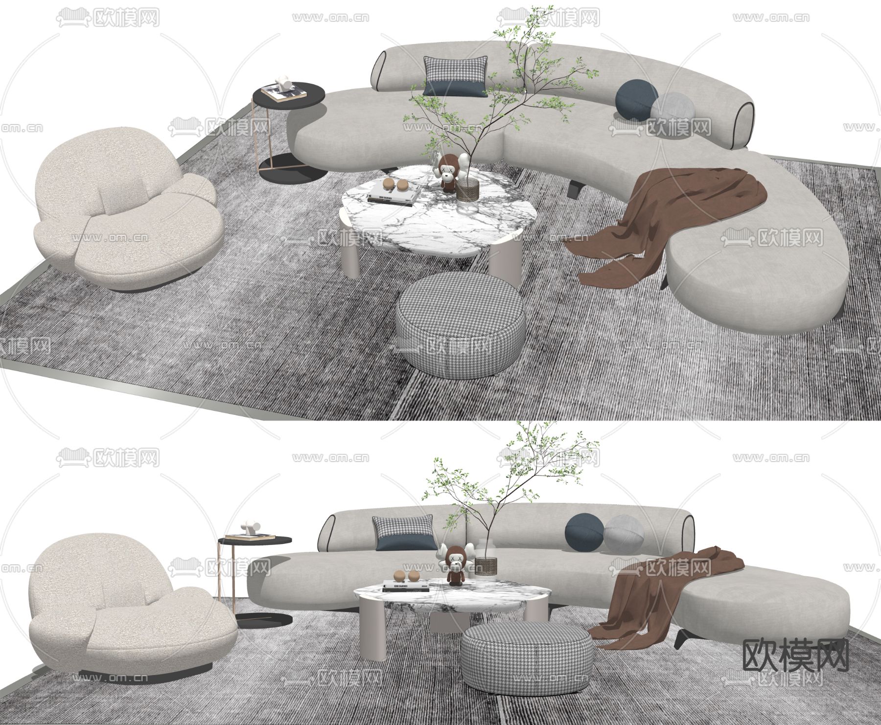 现代布艺弧形沙发su模型