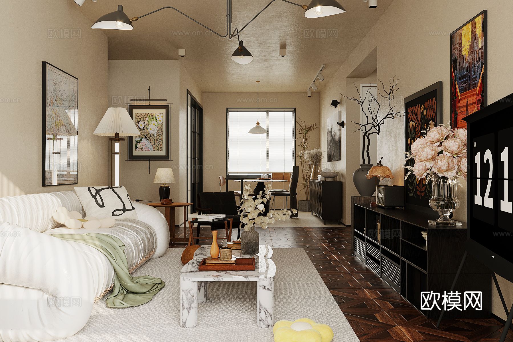 中古风客餐厅su模型下载（渲染图3）