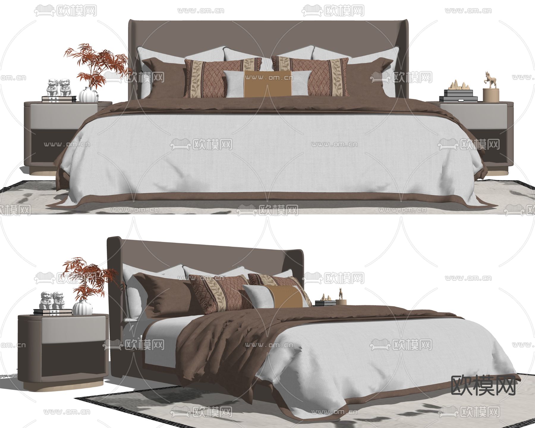 新中式布艺双人床su模型下载（渲染图2）