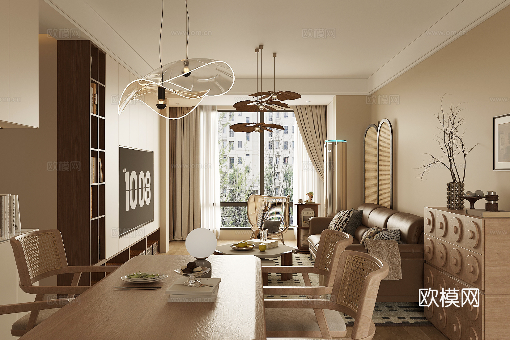 中古风客餐厅 大平层客餐厅 沙发茶几组合 中古风餐桌椅su模型
