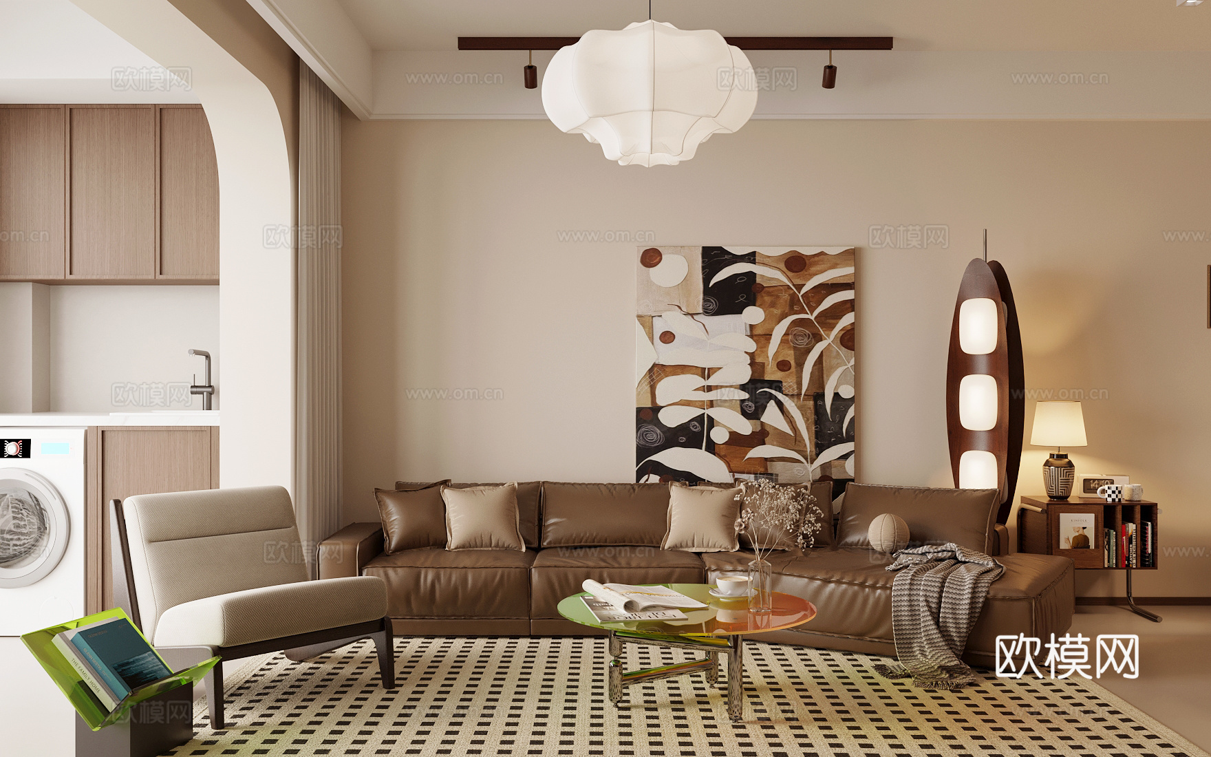 中古风客厅 横厅客厅 小户型客厅 沙发茶几组合 复古风客厅su模型