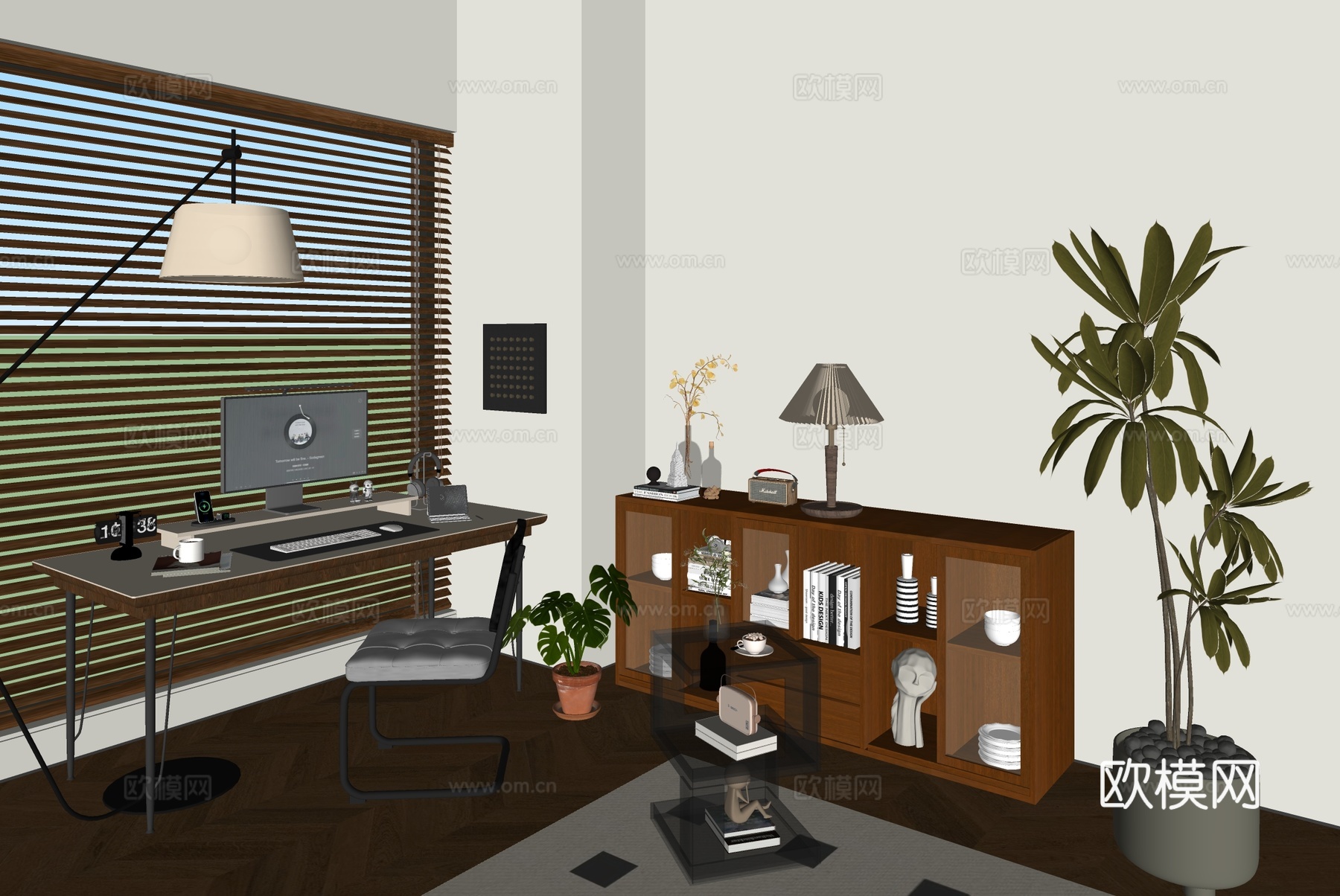 中古书房 装饰柜书柜 书桌椅组合 落地灯 绿植摆件su模型下载（渲染图2）