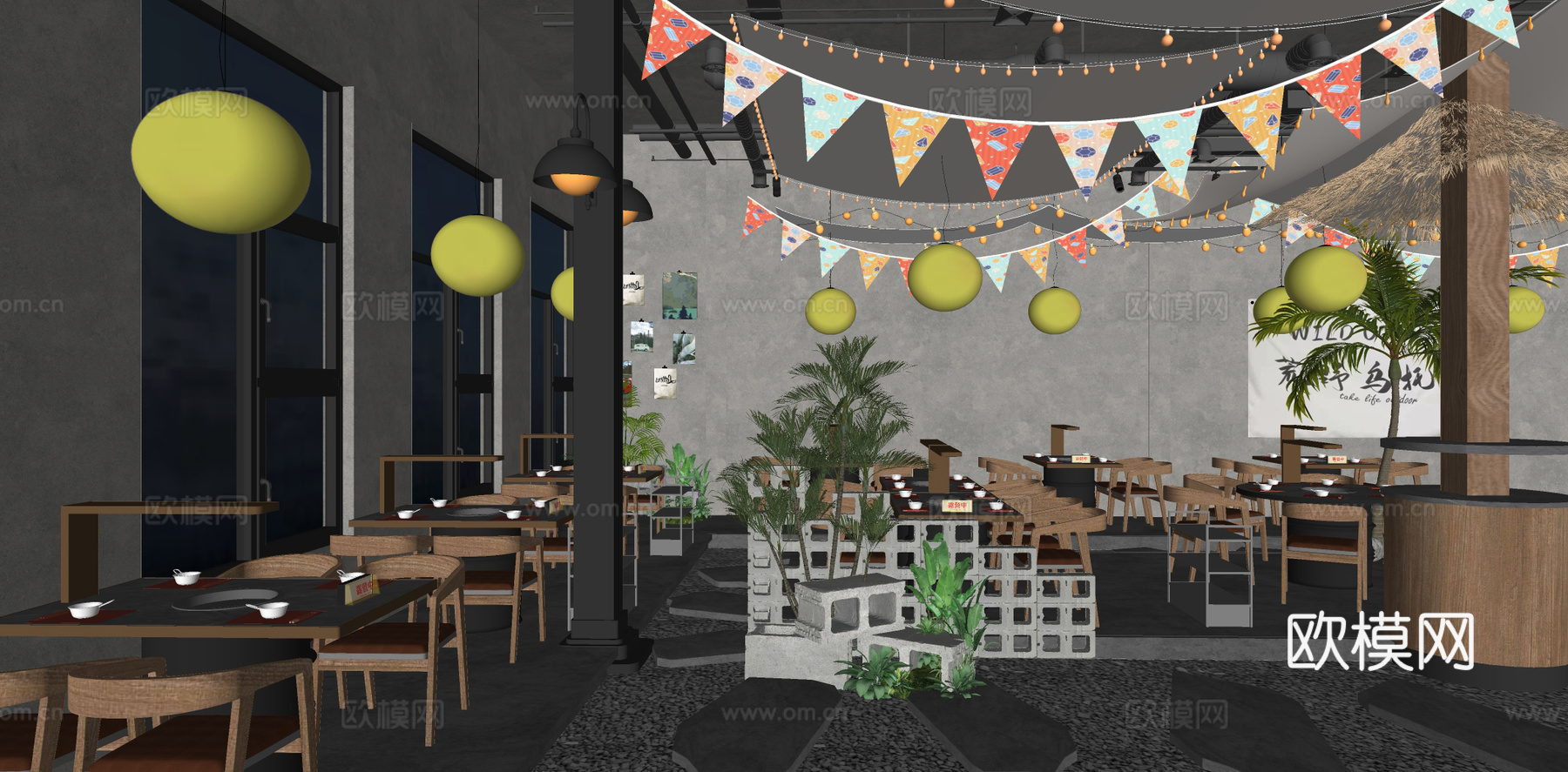 工业风火锅店 烧烤烤肉店 露营风茶餐厅 火锅店桌椅  餐桌椅su模型下载（渲染图2）