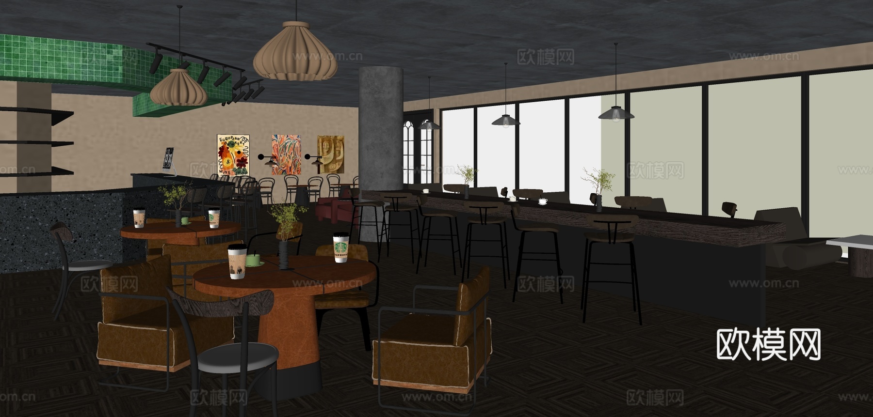 暗黑风复古咖啡厅 西餐厅su模型下载（渲染图1）