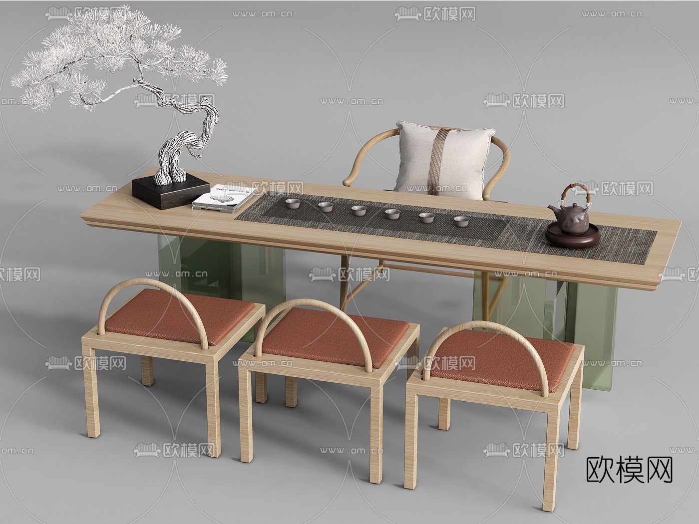 新中式实木茶桌椅su模型