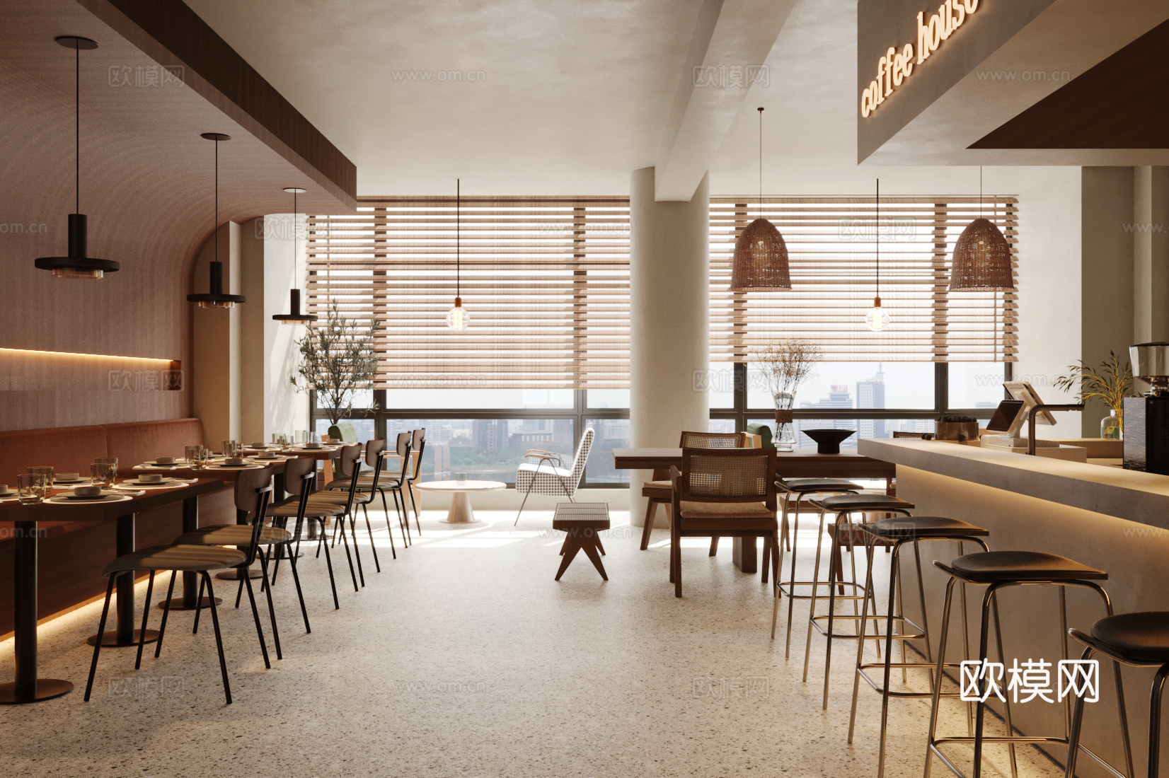 工业风咖啡厅 奶茶店 西餐厅 茶室 咖啡桌椅 水吧台 餐厅工su模型下载（渲染图1）