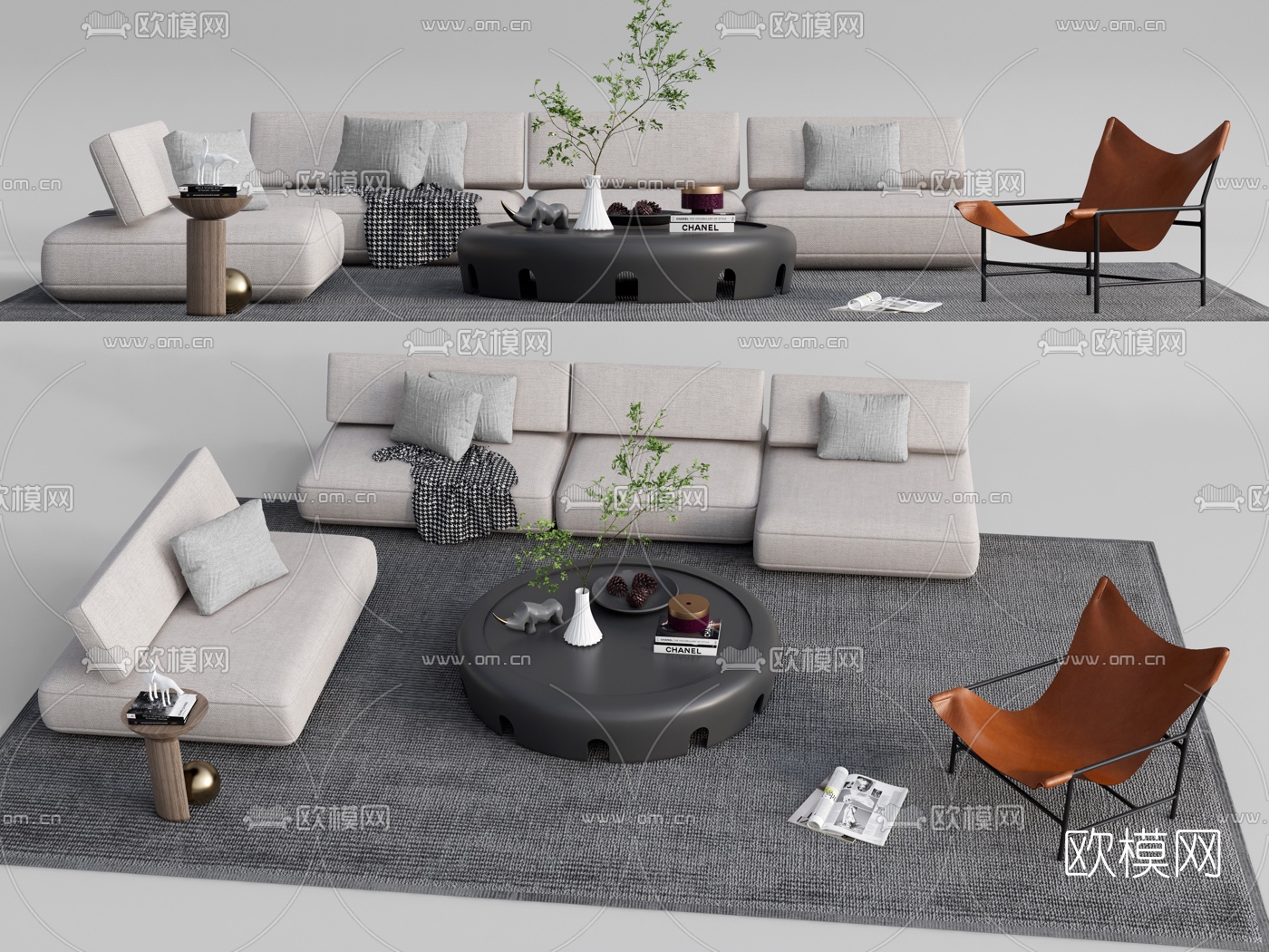 现代布艺沙发茶几组合su模型下载（渲染图1）