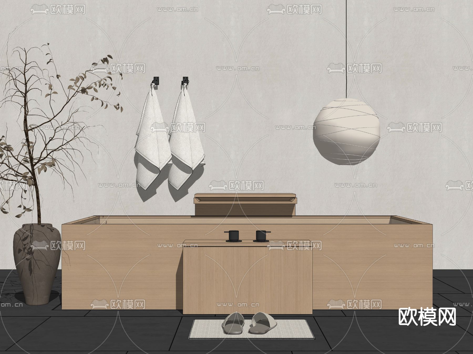 现代原木浴缸su模型下载（渲染图2）