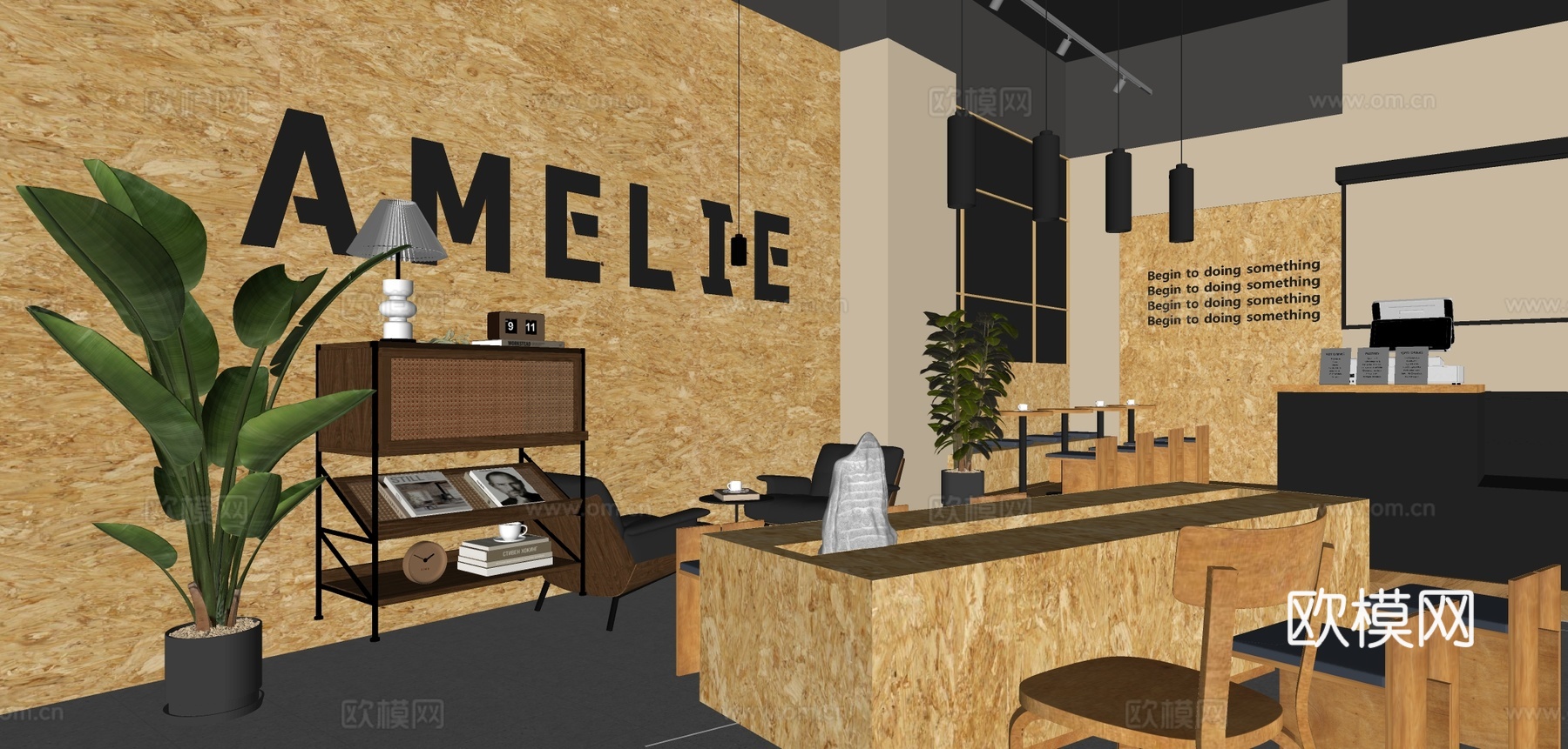 原木风咖啡厅su模型下载（渲染图1）