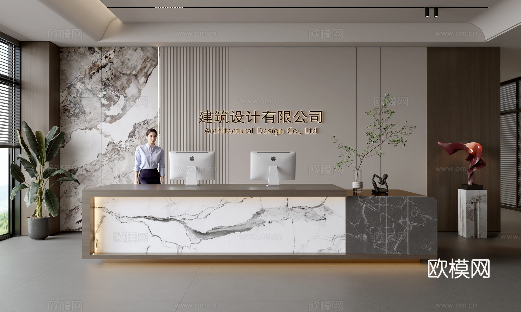 现代公司前台  接待区 吧台  接待台 服务台 公司前台背景3d模型