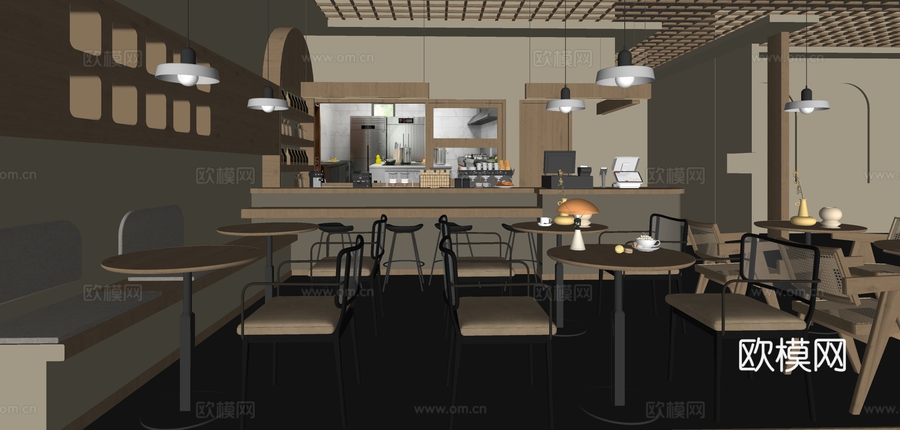 原木风奶茶店 咖啡厅su模型下载（渲染图1）