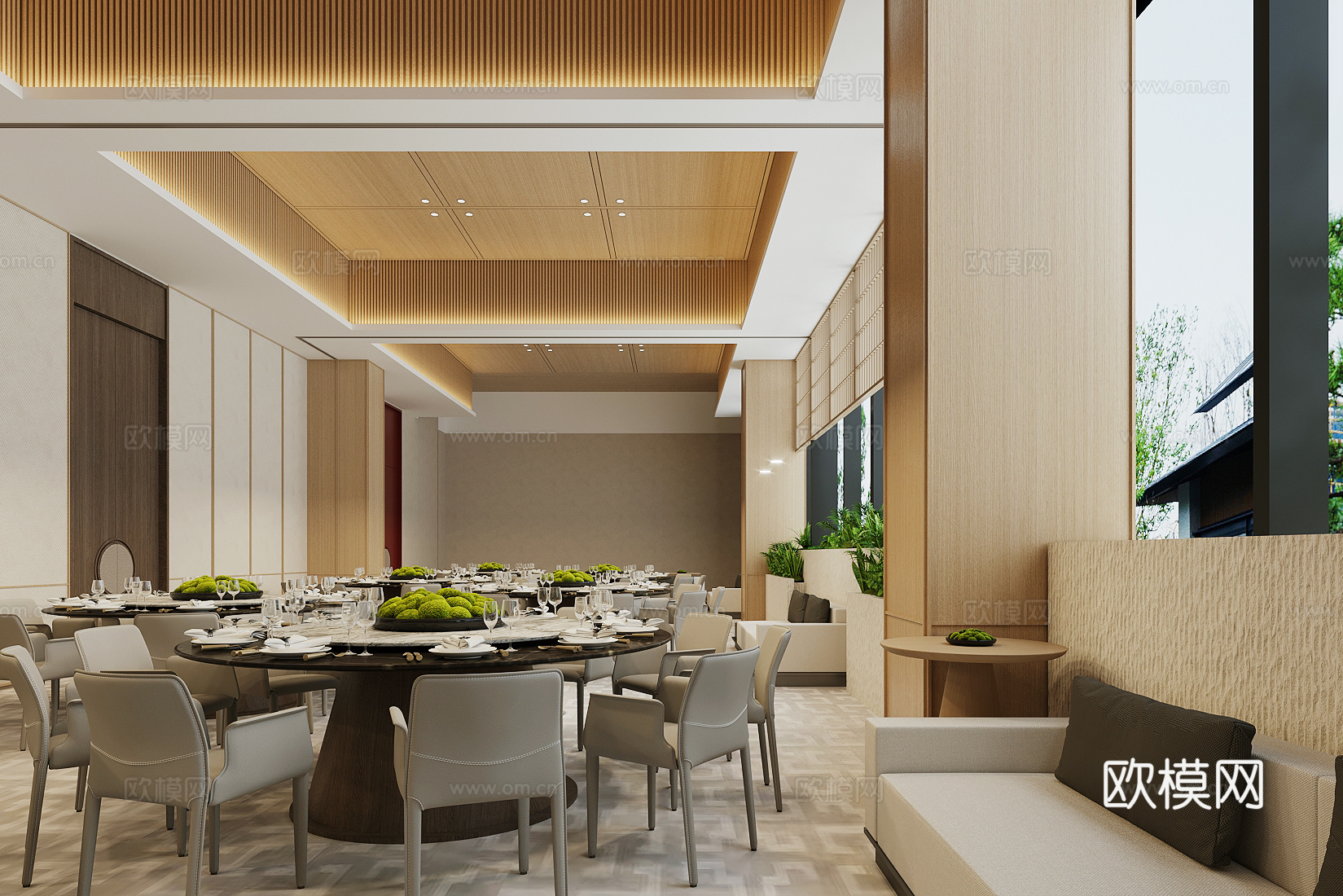 中餐厅包厢 新中式餐厅包厢 包厢餐桌椅 圆桌餐桌椅 餐具su模型下载（渲染图1）