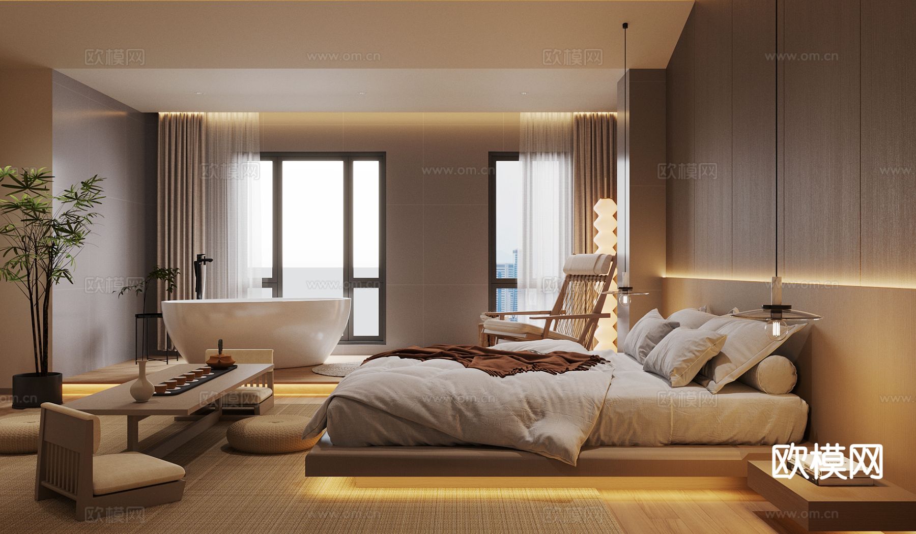 原木风酒店客房 民宿套间3d模型下载（渲染图1）