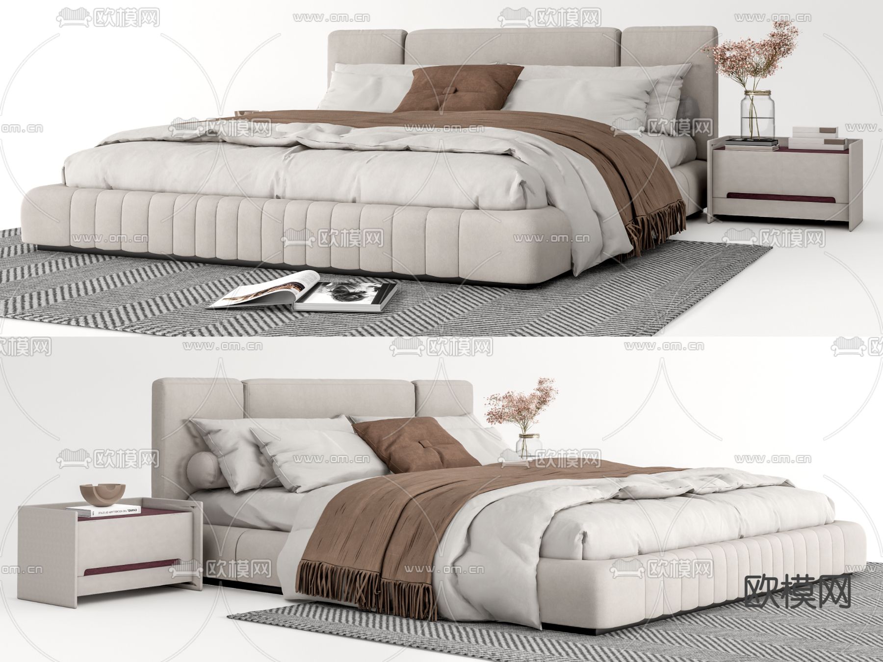 现代布艺双人床su模型下载（渲染图1）