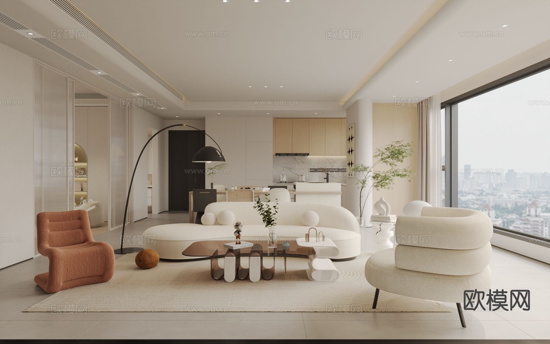 奶油风客餐厅 横厅3d模型下载（渲染图2）