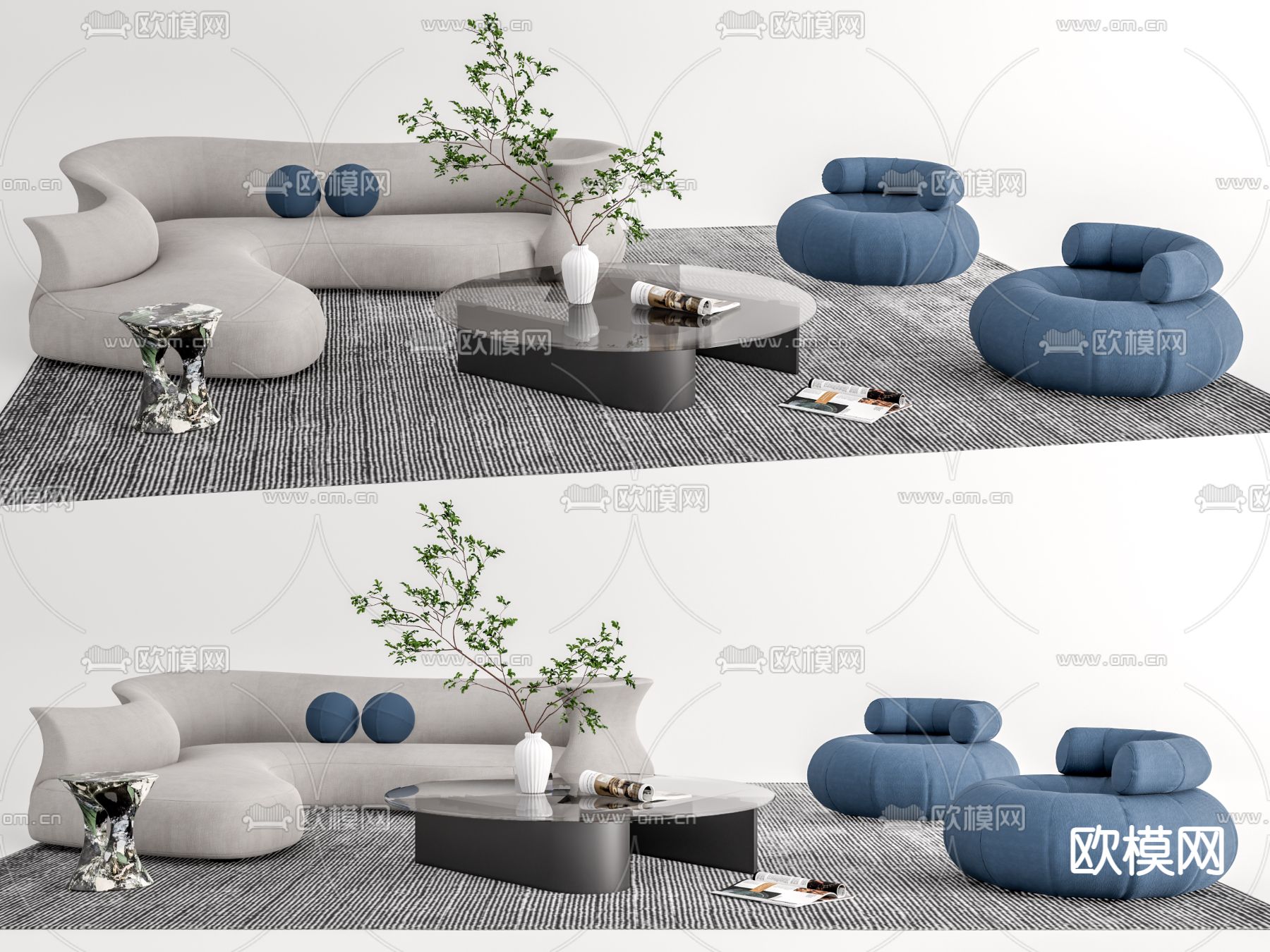 现代布艺沙发组合su模型