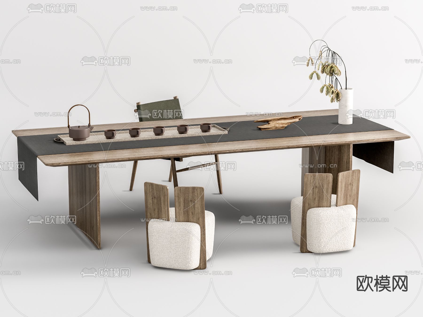 新中式实木茶桌椅su模型