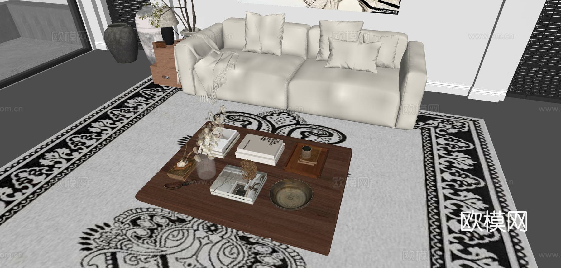 中古风茶几 原木风茶几 中古风摆件组合 多人沙发 边几 盆栽su模型