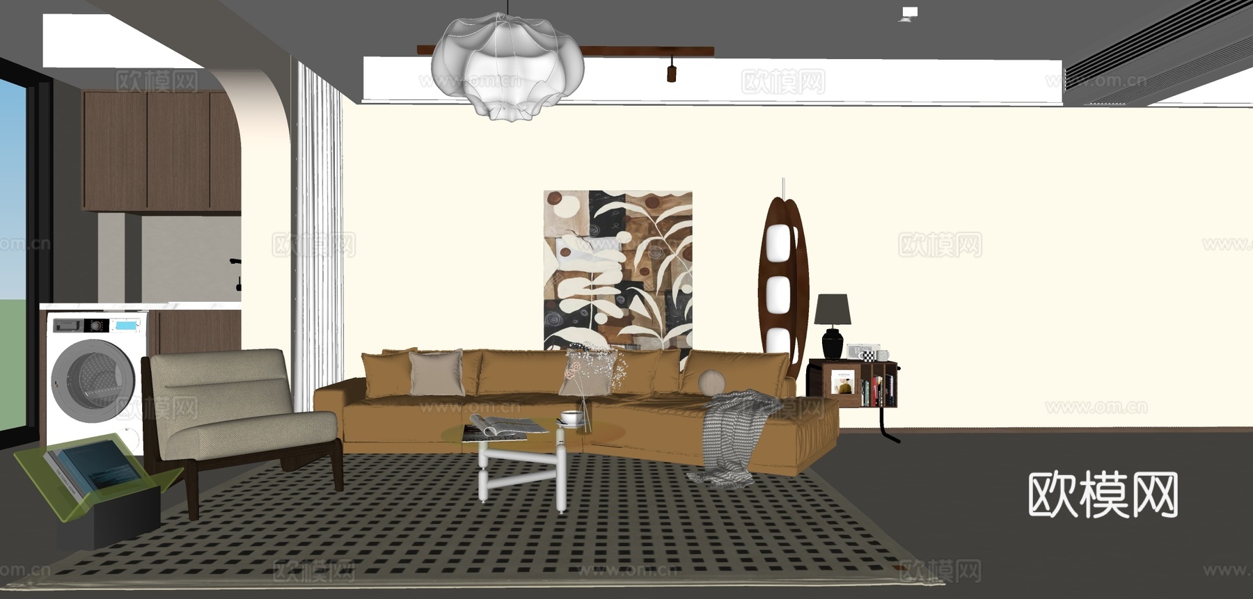 中古风客厅 横厅客厅 小户型客厅 沙发茶几组合 复古风客厅su模型