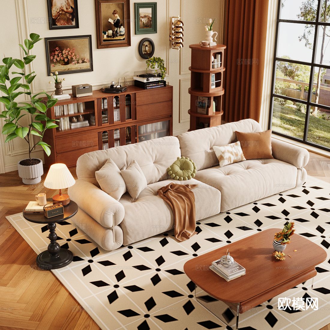 中古风组合沙发su模型下载（渲染图2）