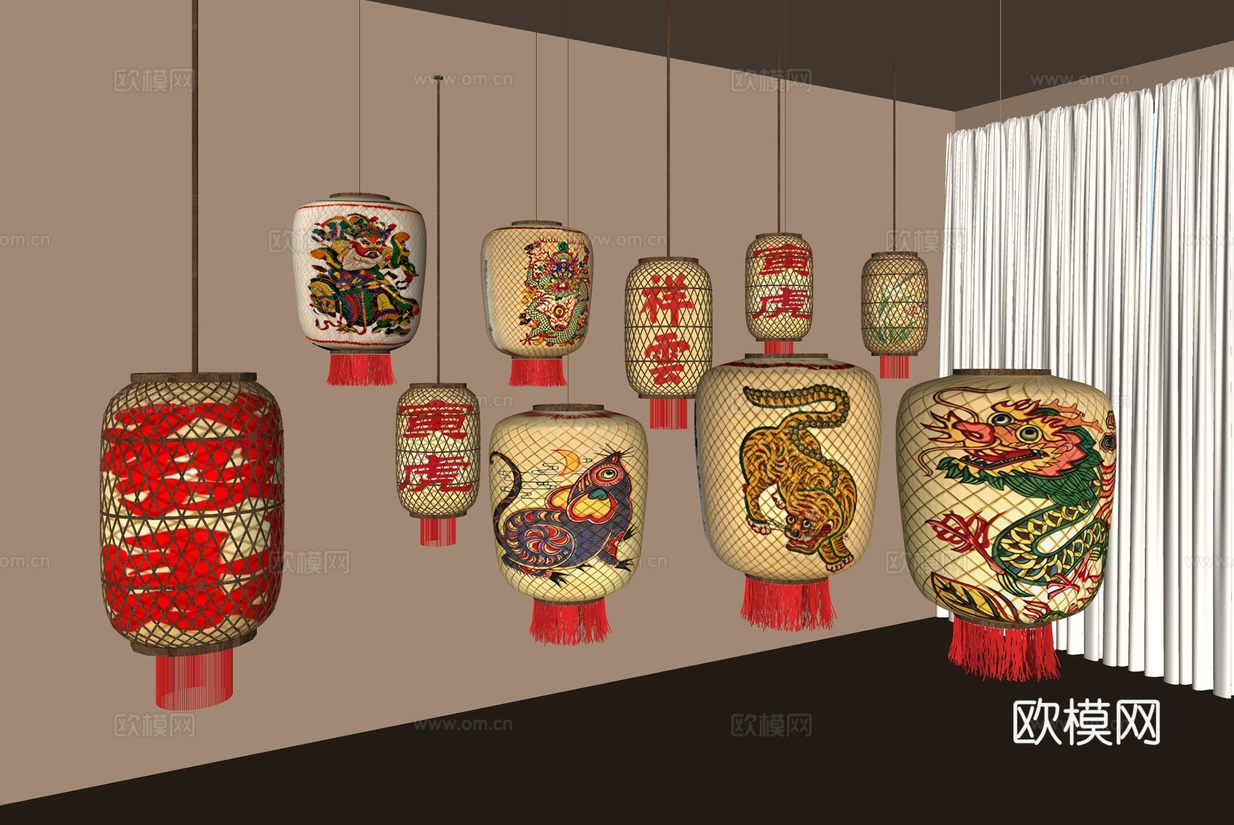 新中式灯笼 火锅店灯笼 油纸灯笼su模型下载（渲染图1）