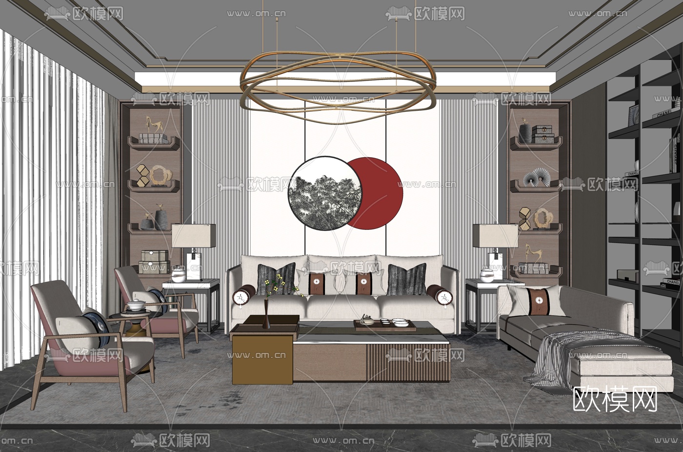 新中式客厅su模型