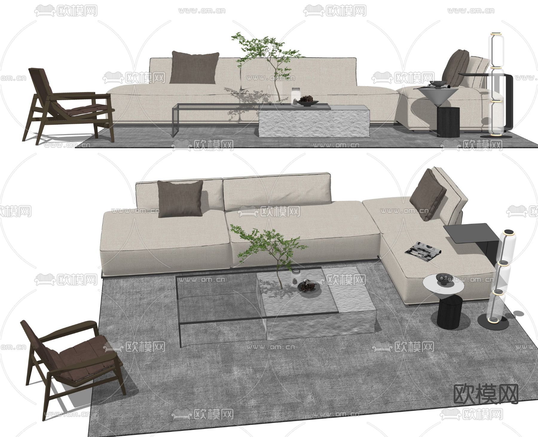 现代布艺转角组合沙发su模型