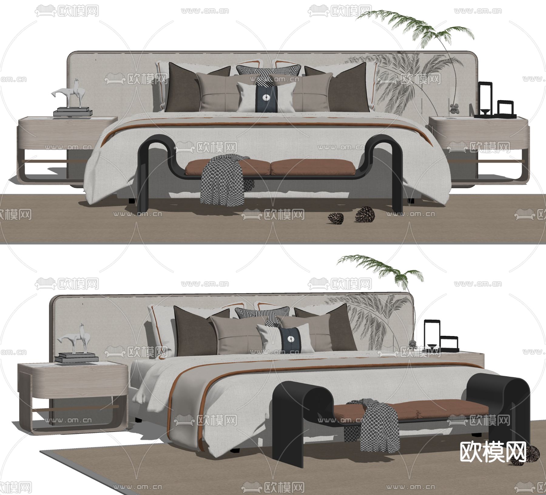 新中式布艺双人床su模型下载（渲染图2）