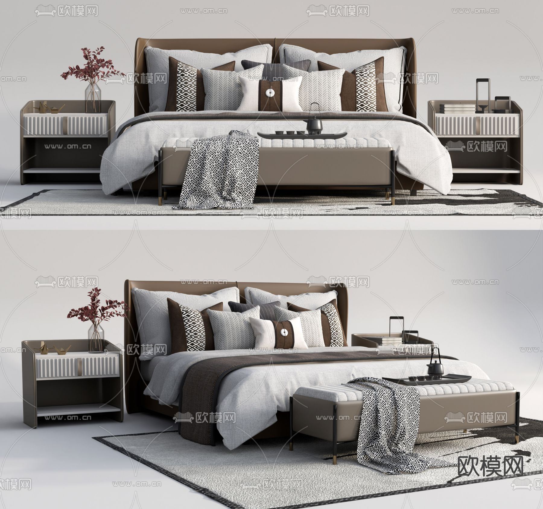 新中式皮革双人床su模型下载（渲染图1）