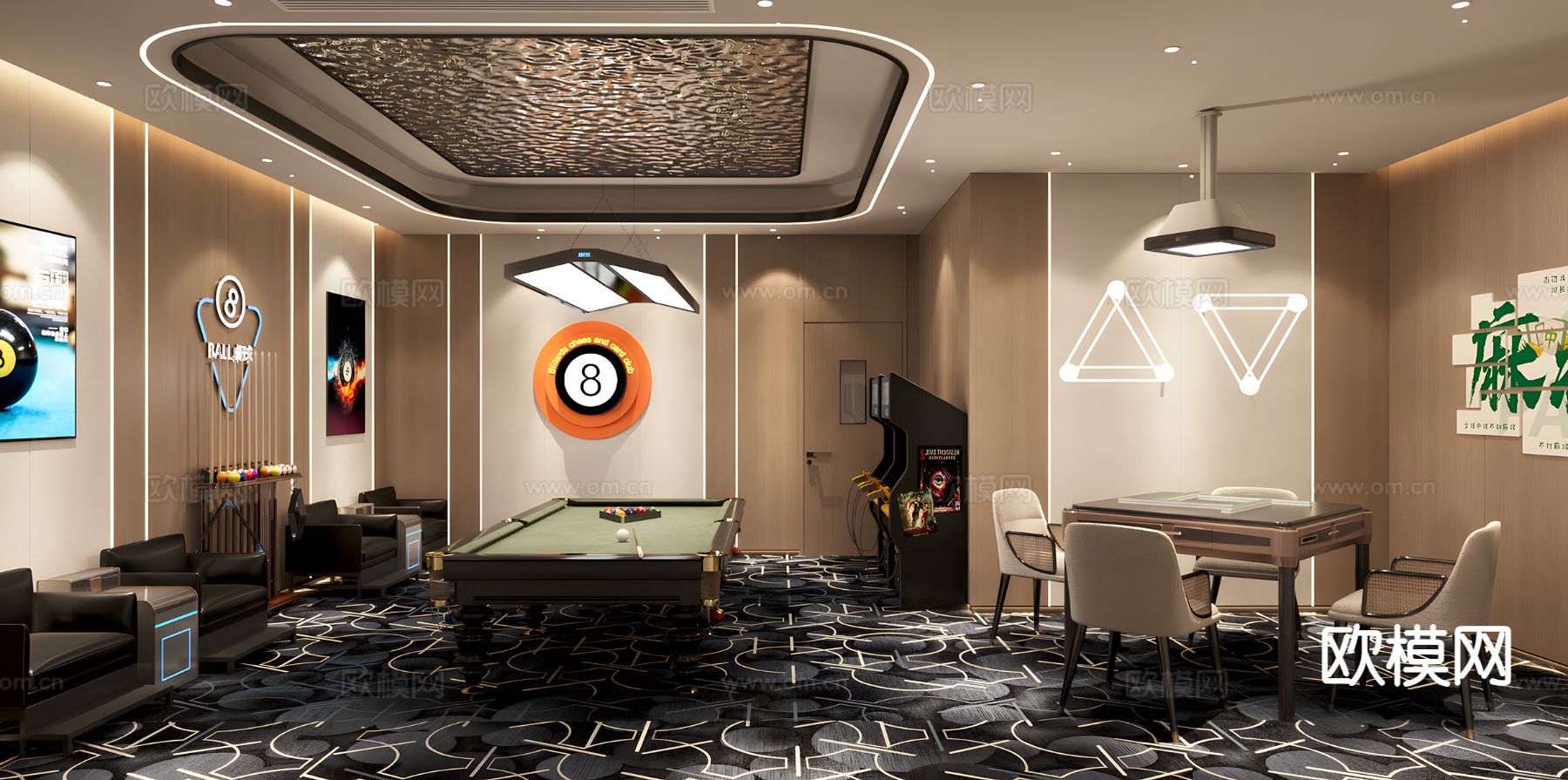现代台球室 棋牌室3d模型下载（渲染图1）