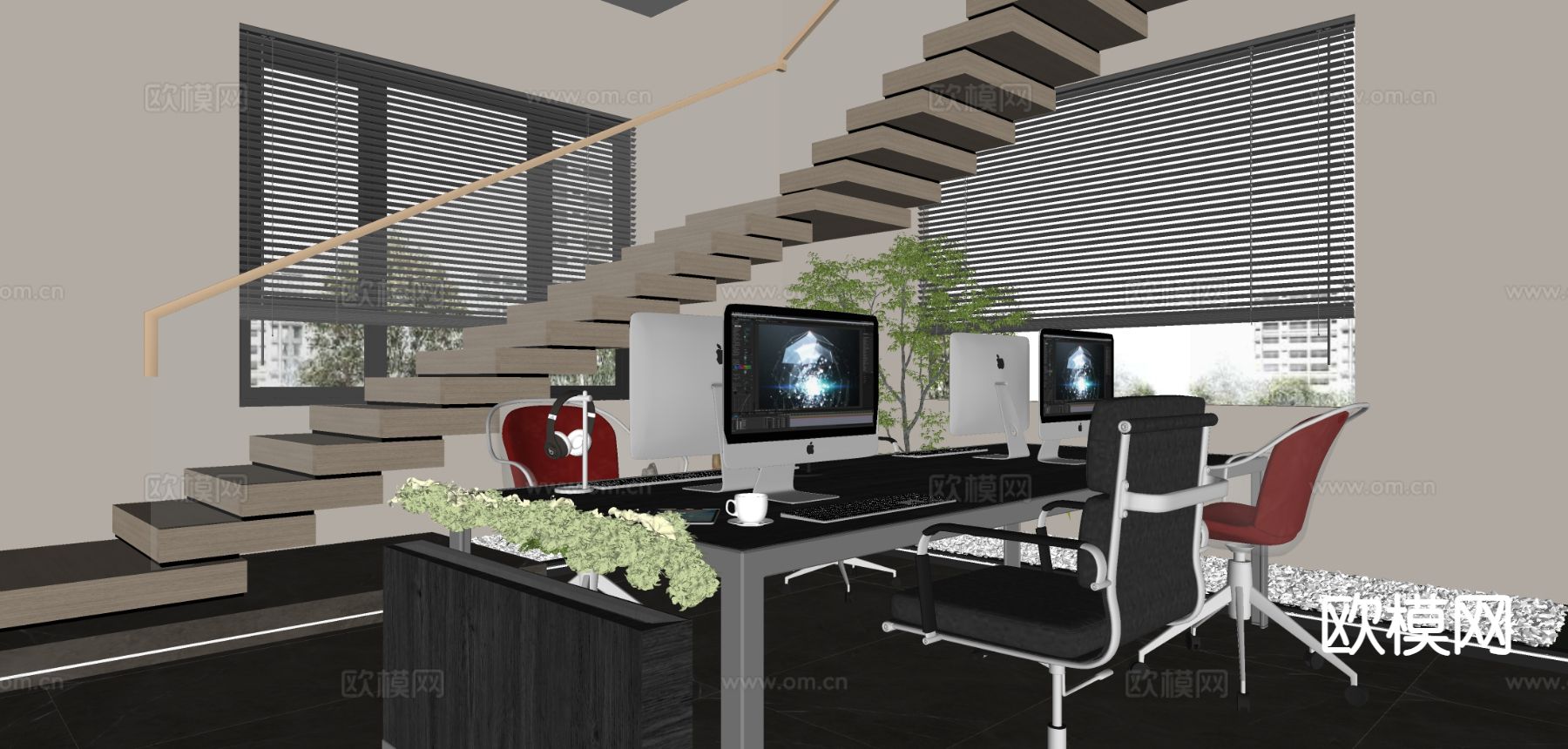 现代公共办公室su模型下载（渲染图1）