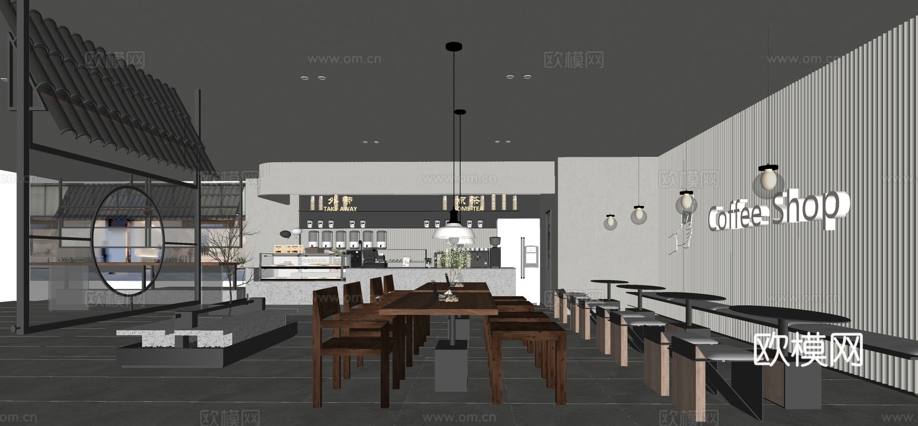 新中式咖啡店 奶茶店 卡座区su模型下载（渲染图1）