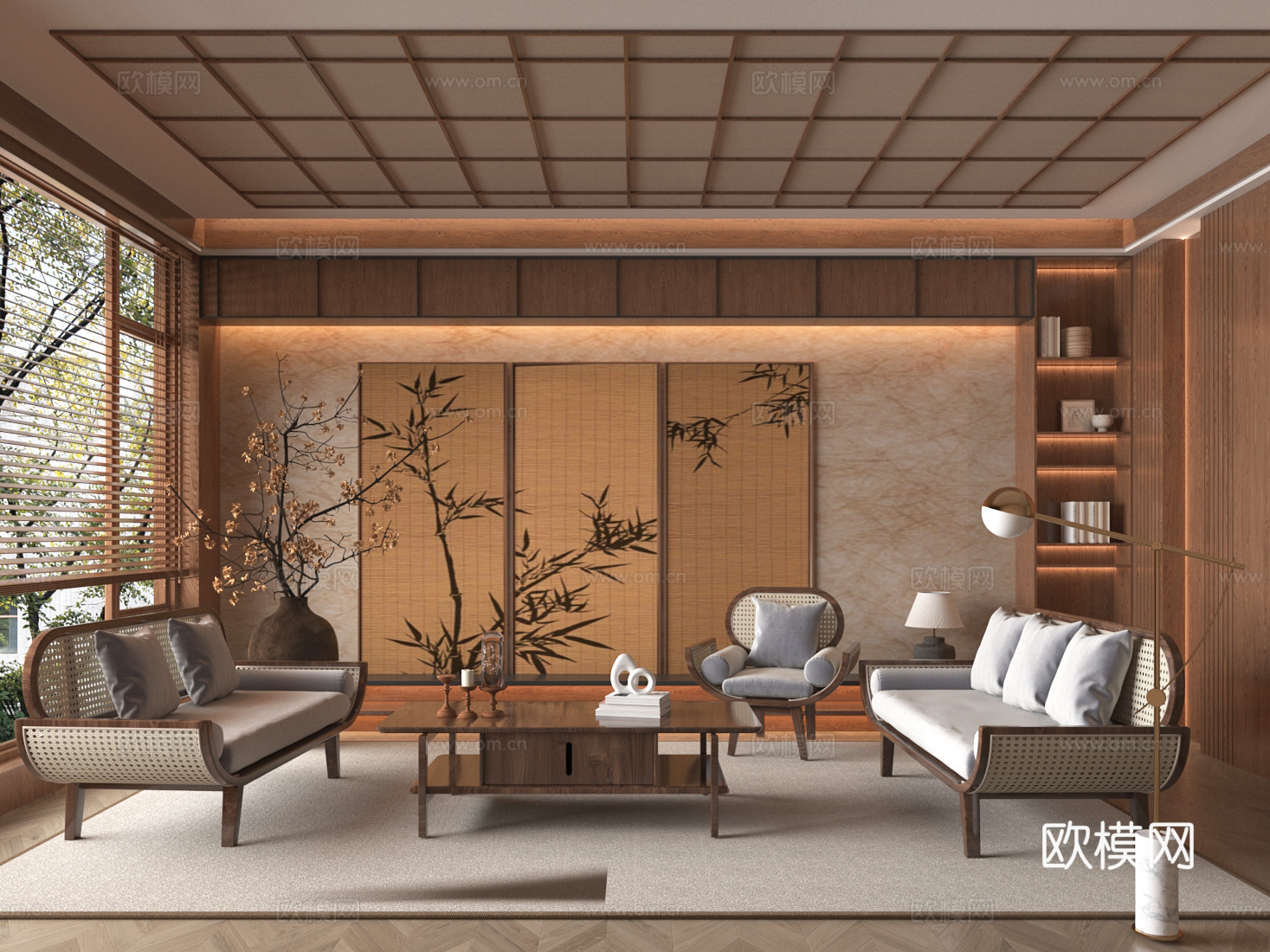 新中式客厅3d模型下载（渲染图1）