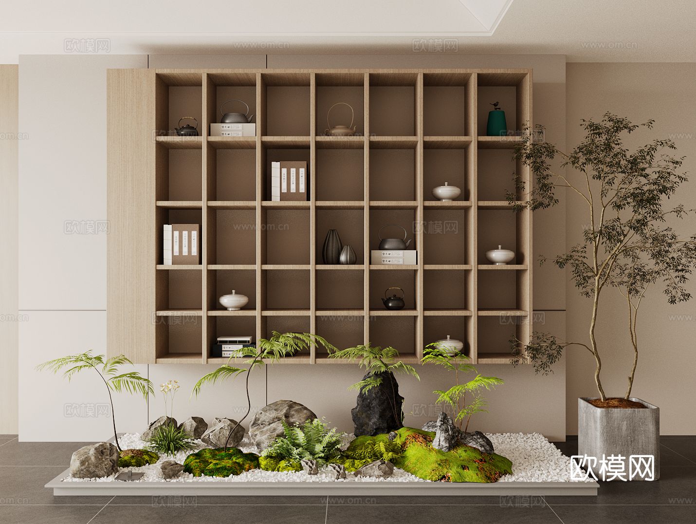 新中式茶柜 茶具 植物堆3d模型下载