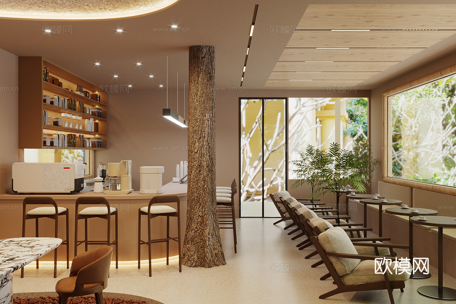 原木风咖啡厅su模型下载（渲染图2）