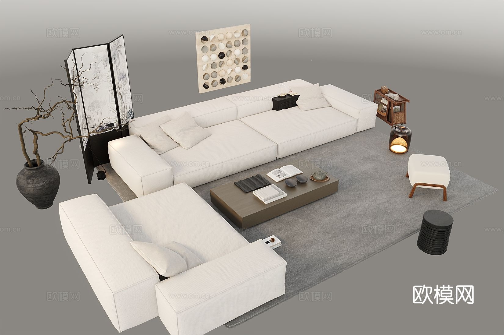 中古风组合沙发su模型下载（渲染图2）