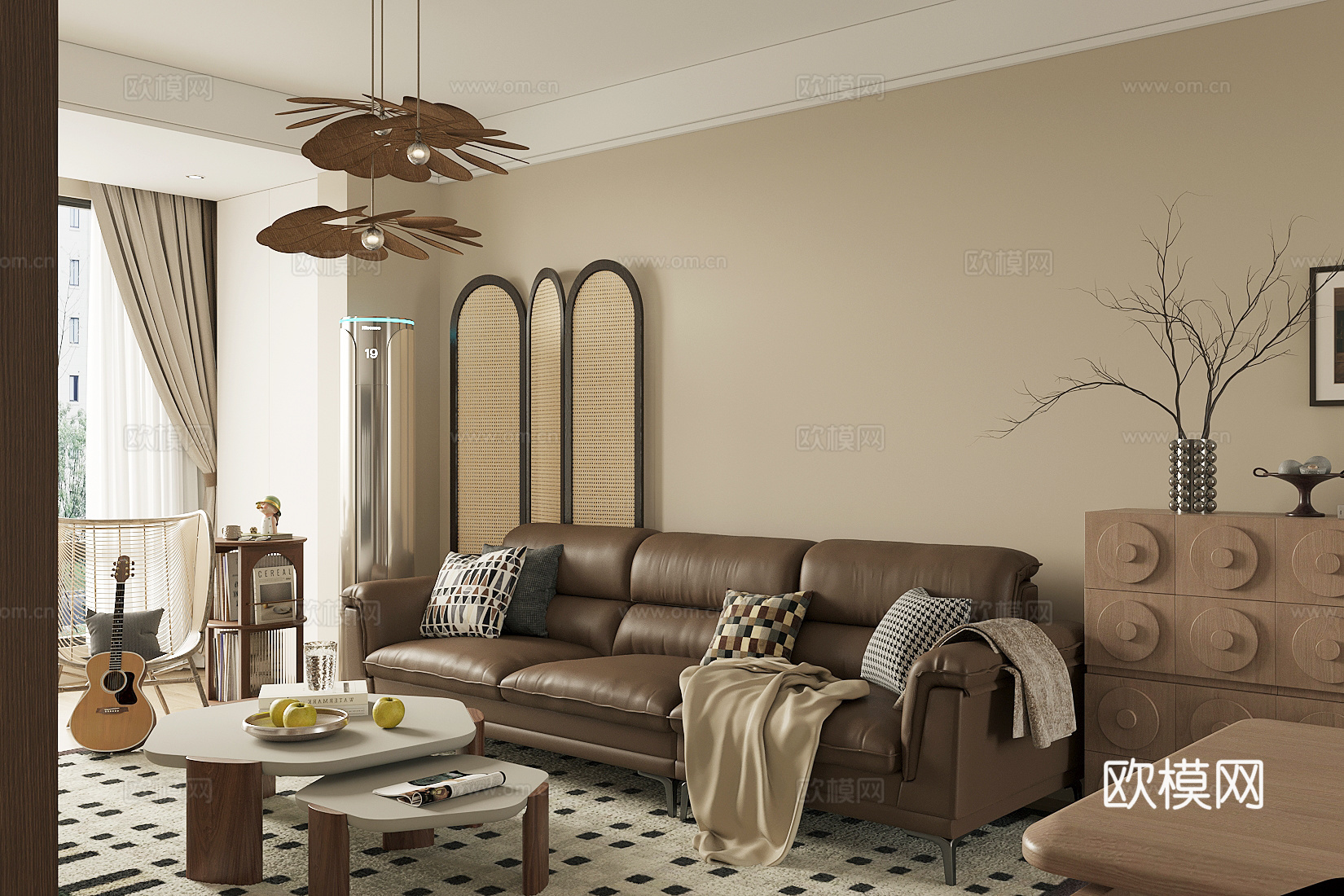 中古风客餐厅 大平层客餐厅 沙发茶几组合 中古风餐桌椅su模型