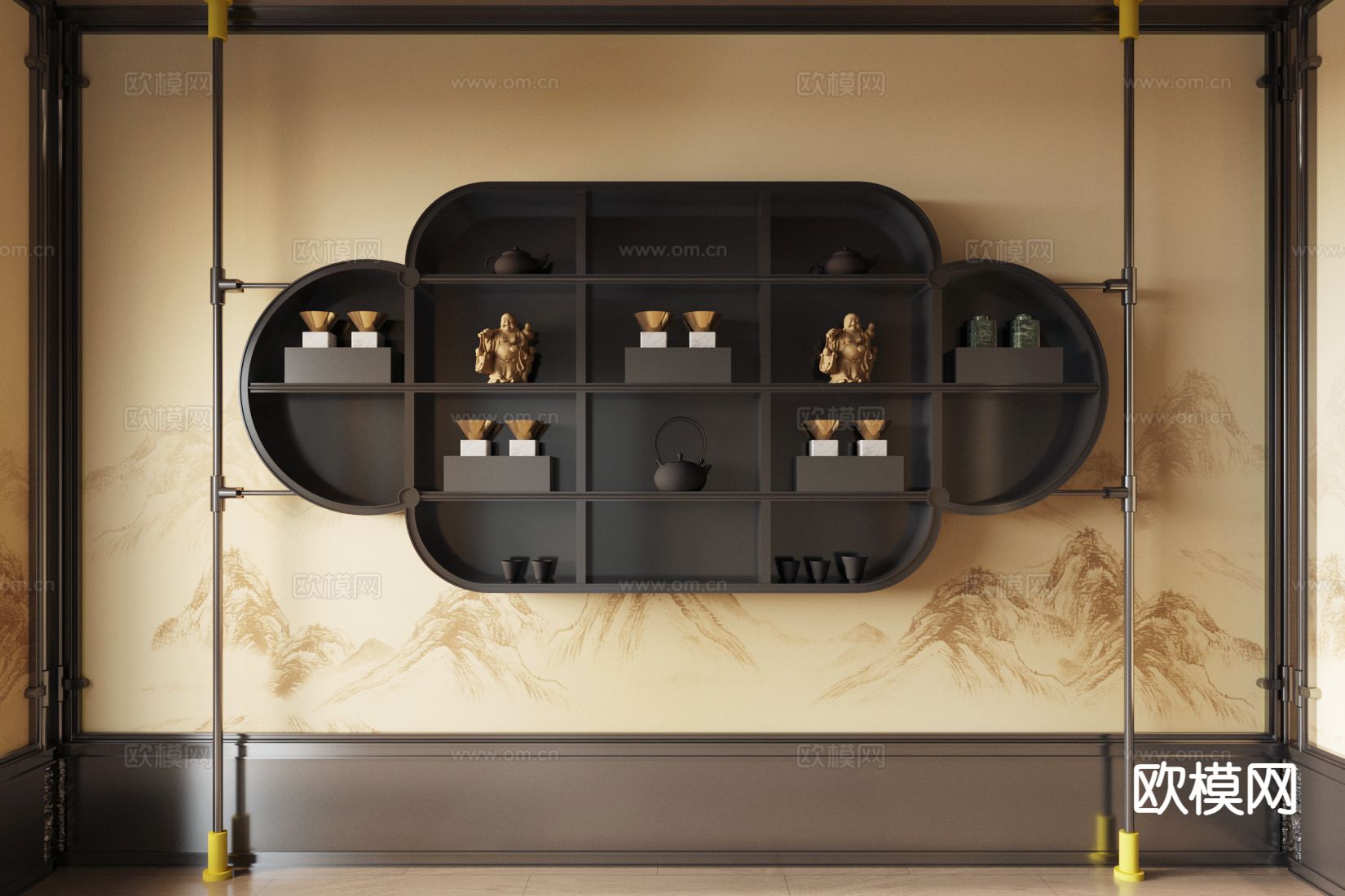 新中式禅意壁挂茶柜 茶叶柜su模型下载（渲染图2）