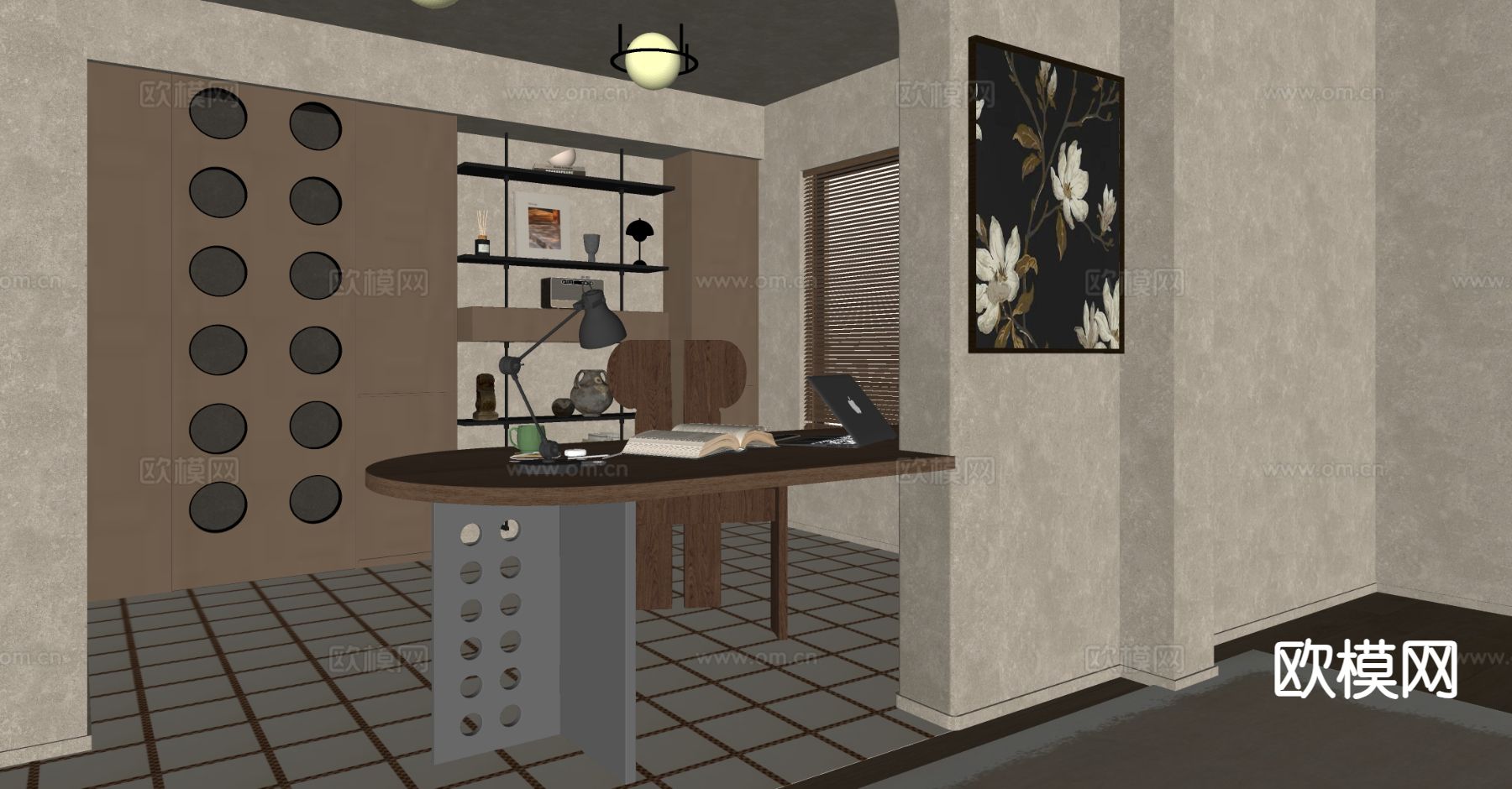 中古风书房su模型下载（渲染图1）