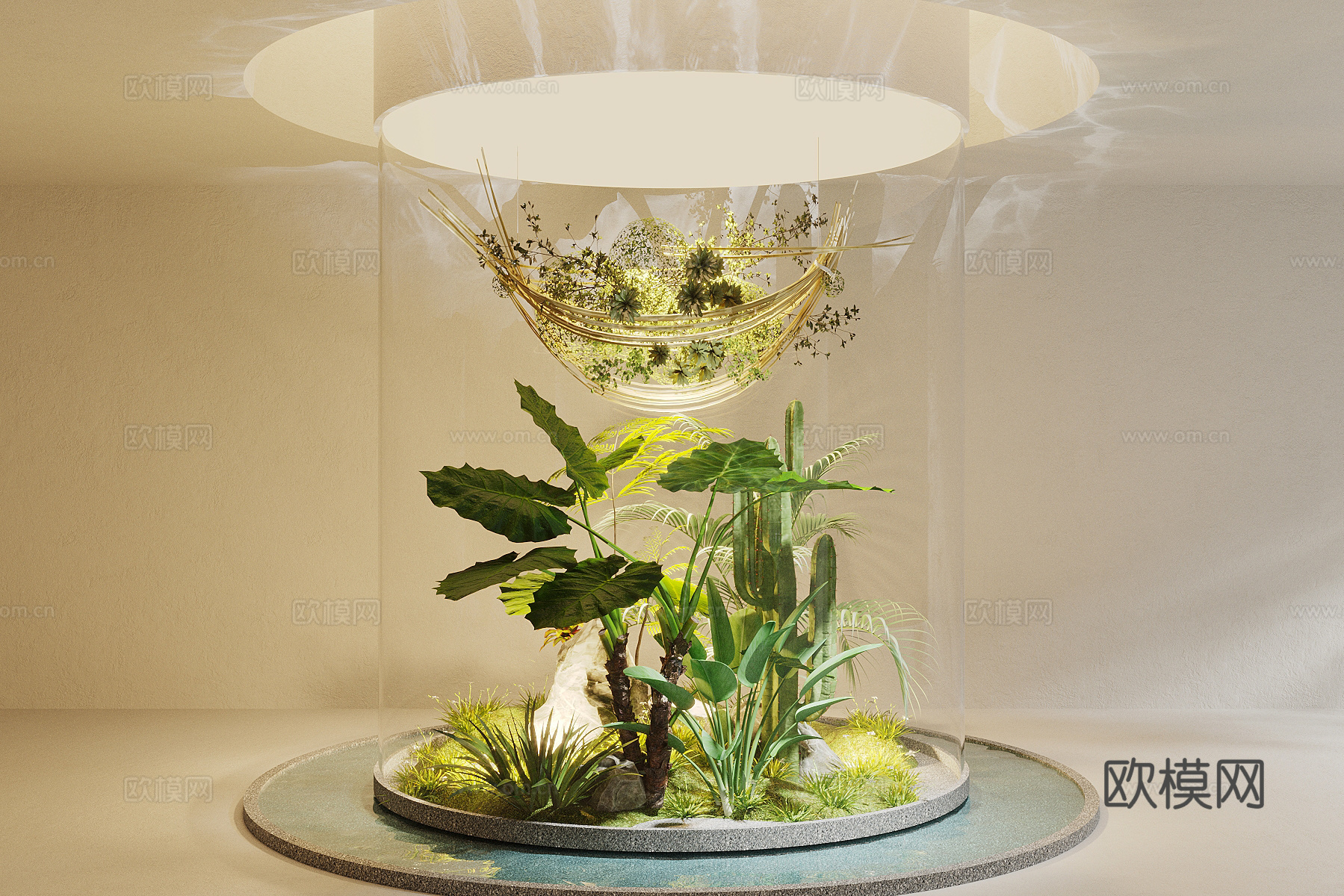 现代景观小品 圆形植物堆 玻璃装置3d模型