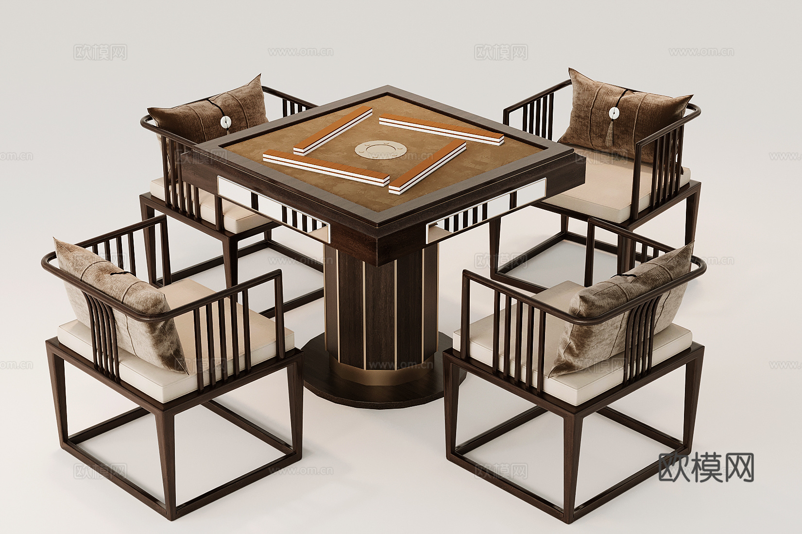 新中式皮革麻将桌椅su模型下载（渲染图2）