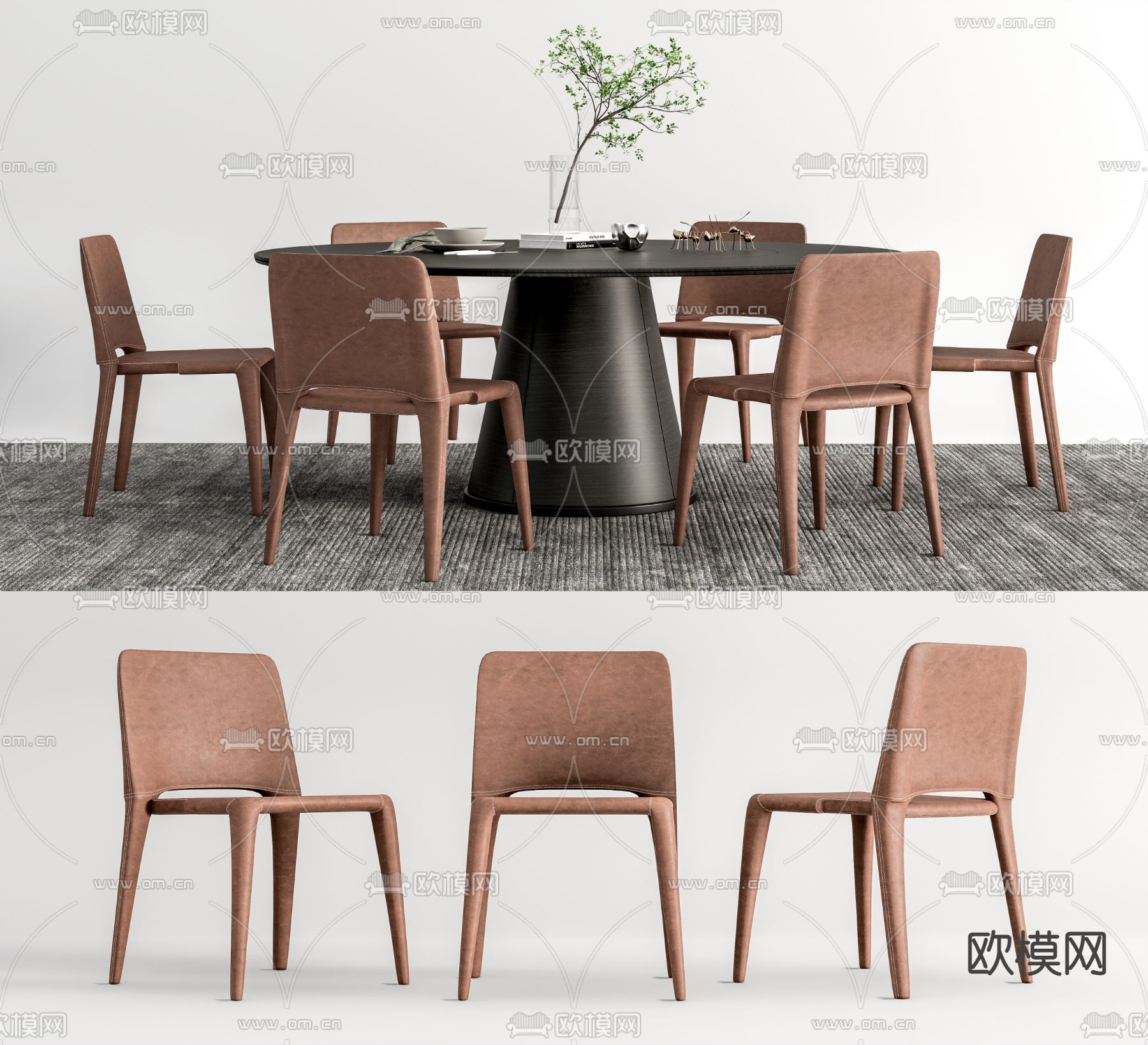 现代圆桌餐桌椅su模型下载（渲染图1）