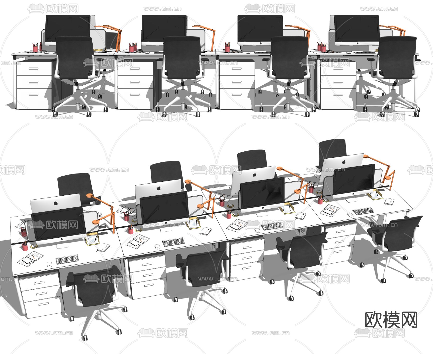 现代办公桌椅卡位su模型下载（渲染图2）