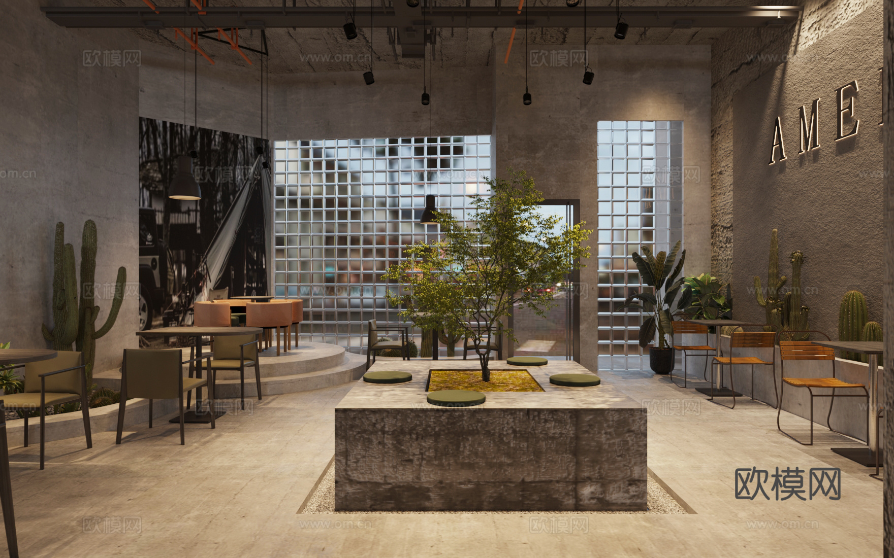 工业风咖啡厅 工业风奶茶店 咖啡桌椅 奶茶店桌椅 咖啡店中心su模型下载（渲染图1）