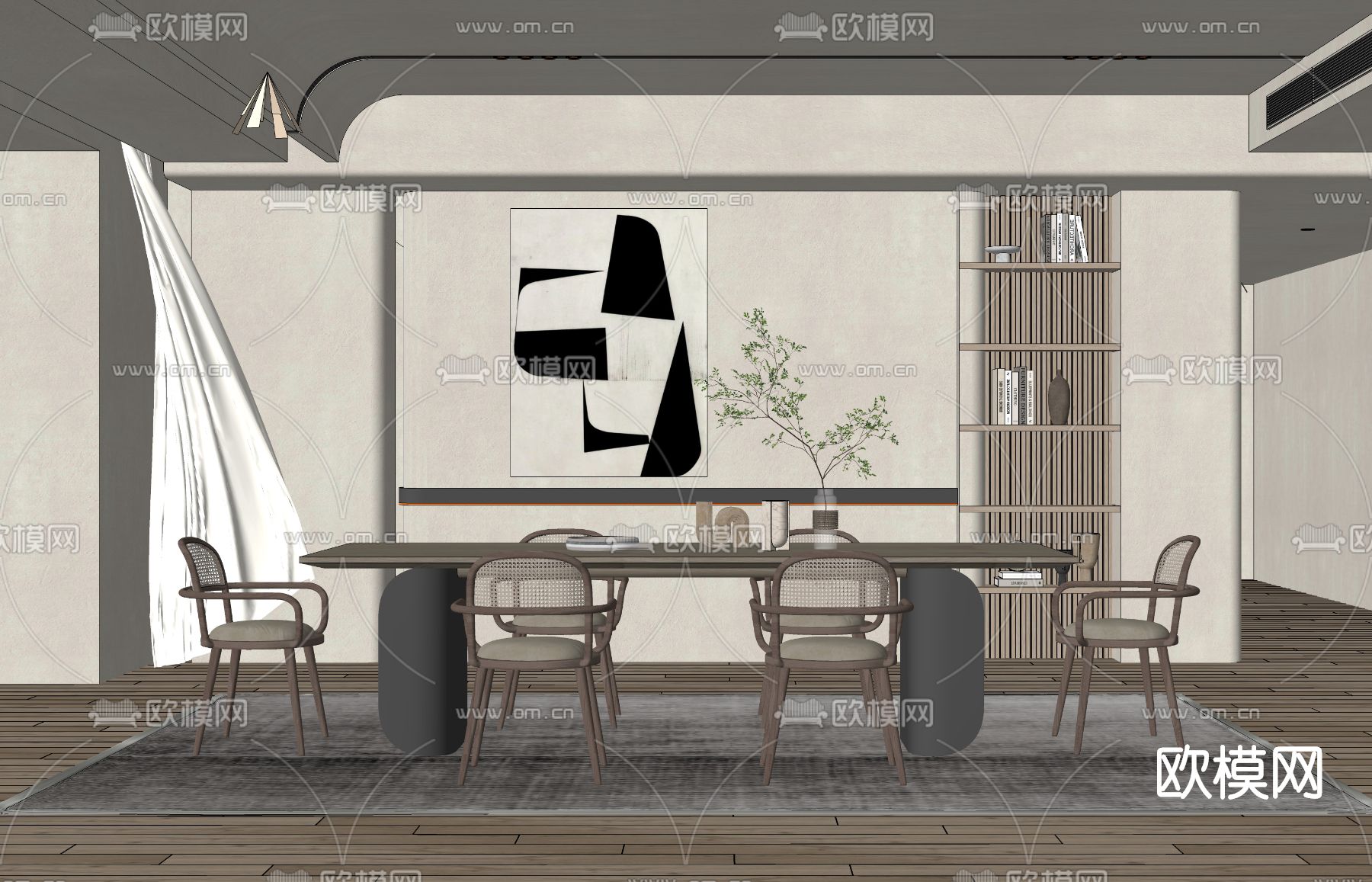 侘寂风实木餐桌椅su模型