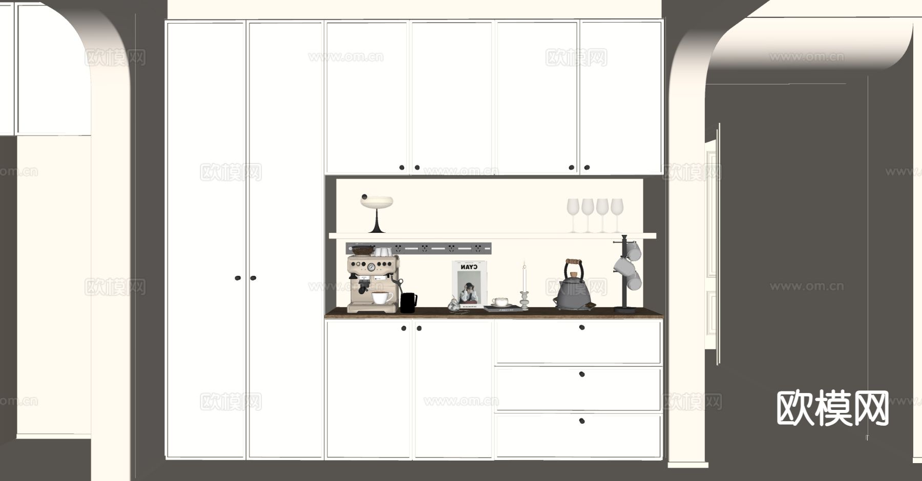 法式餐边柜 茶水柜su模型下载（渲染图1）