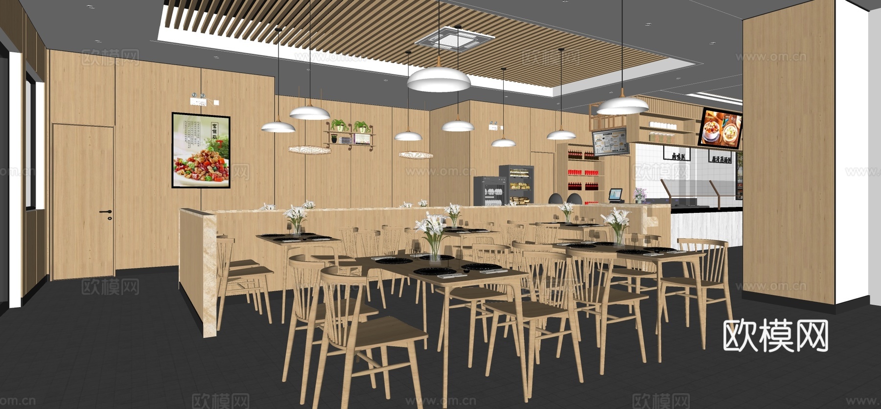 原木风茶餐厅 中餐厅 面馆su模型下载（渲染图1）