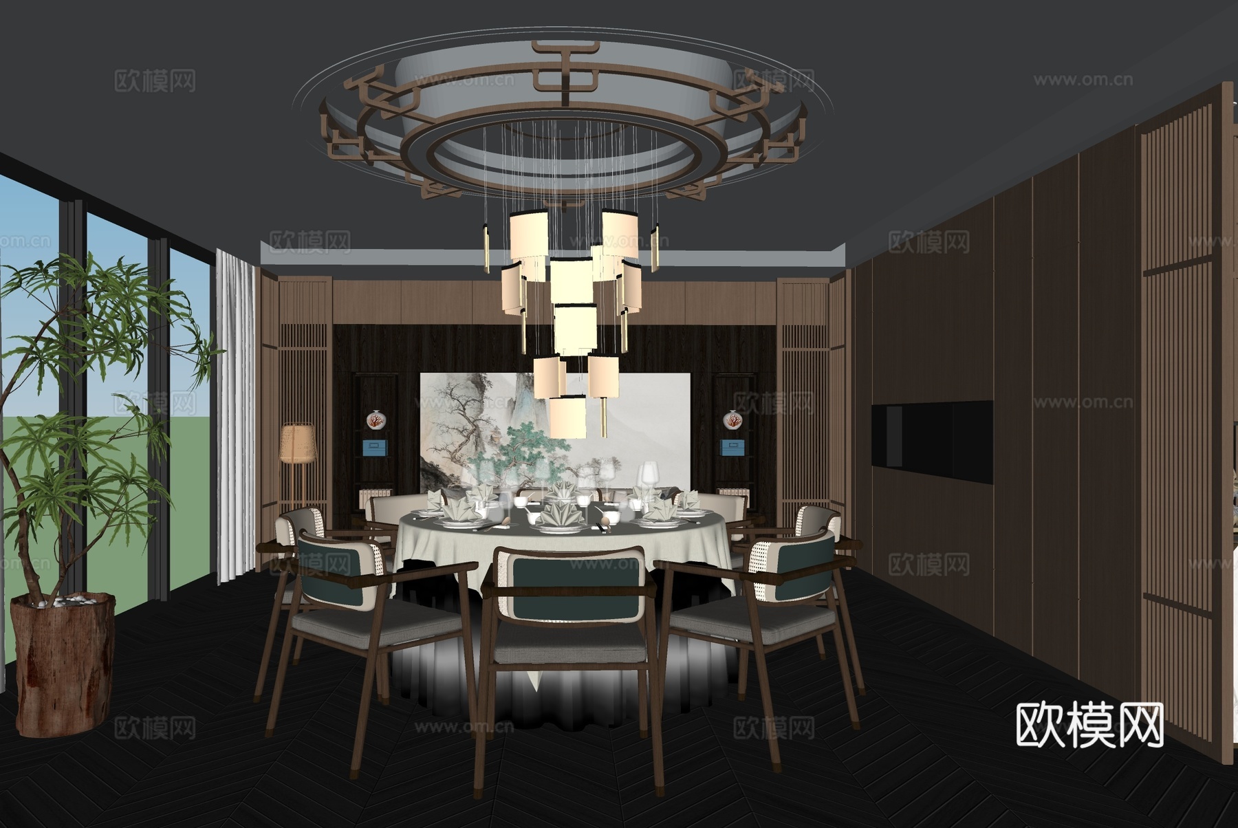 新中式包厢 餐厅包厢  餐桌椅组合 水晶吊灯su模型下载（渲染图2）